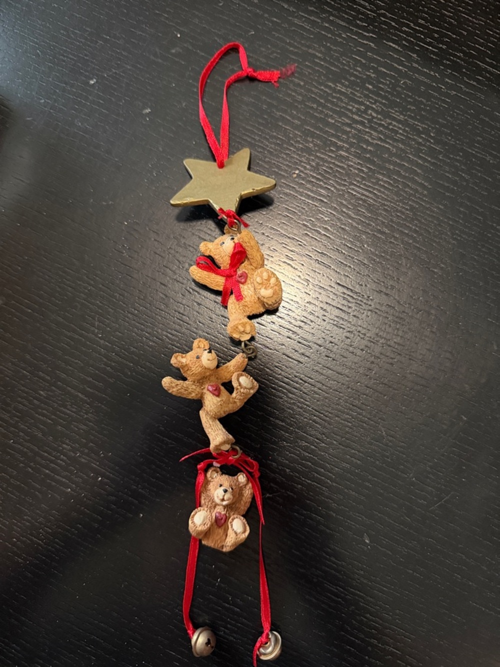 Teddy Bear Hanging Ornament with Star and Bells - Red Ribbon